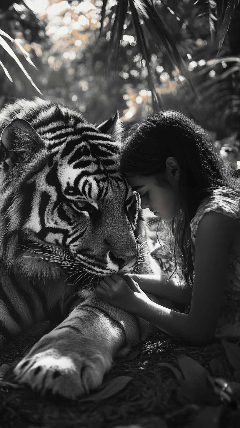 Girl brushes tiger's fur at dusk, strong bond shown.