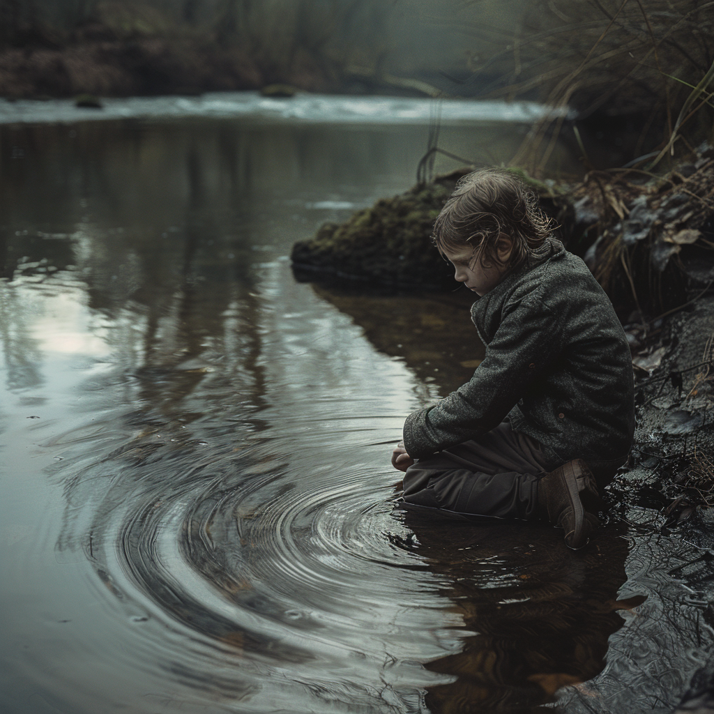 Girl by murky river, tense face, subtle ripple below.