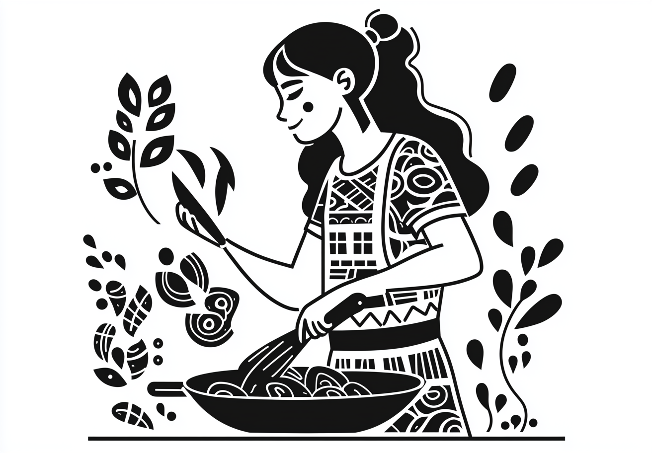 Girl cooks mussels in ancient Slavic style pan