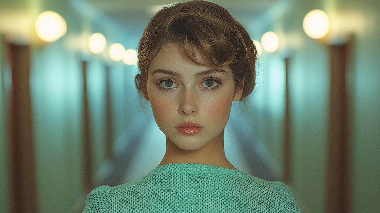 Girl entering hotel corridor in high fashion attire.