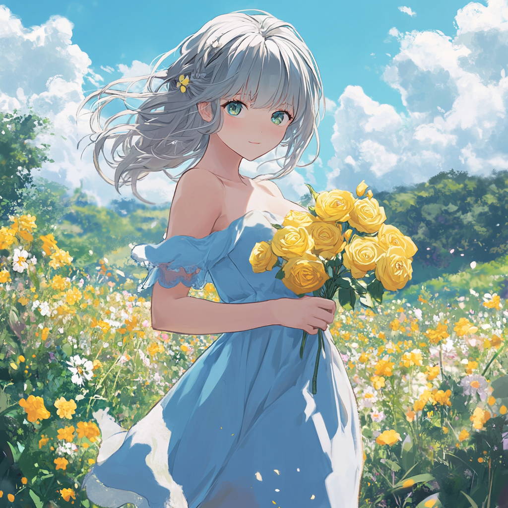 Girl holding yellow roses in pastel anime garden.