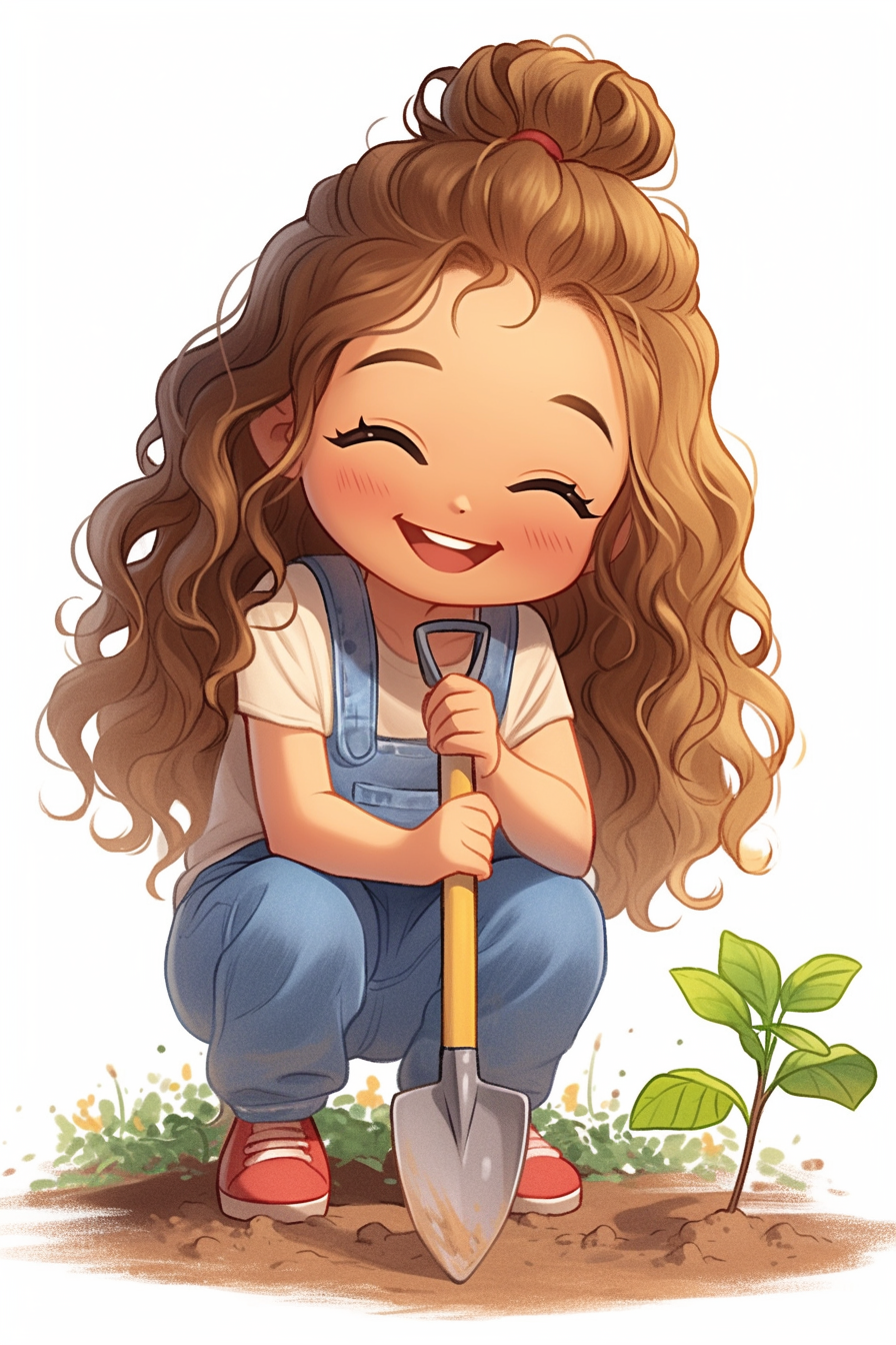 Girl in Kawaii Style Tilling Soil for Plants