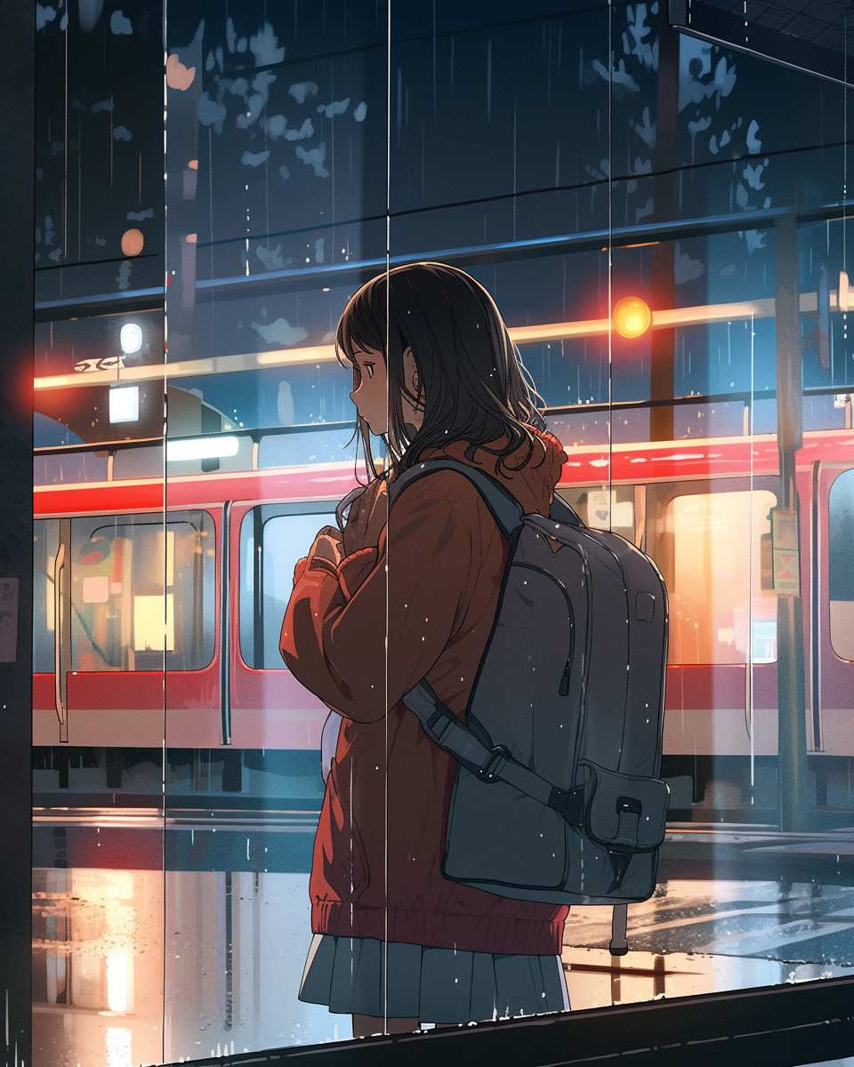 Girl in Tokyo bus stop, anime style, city view.