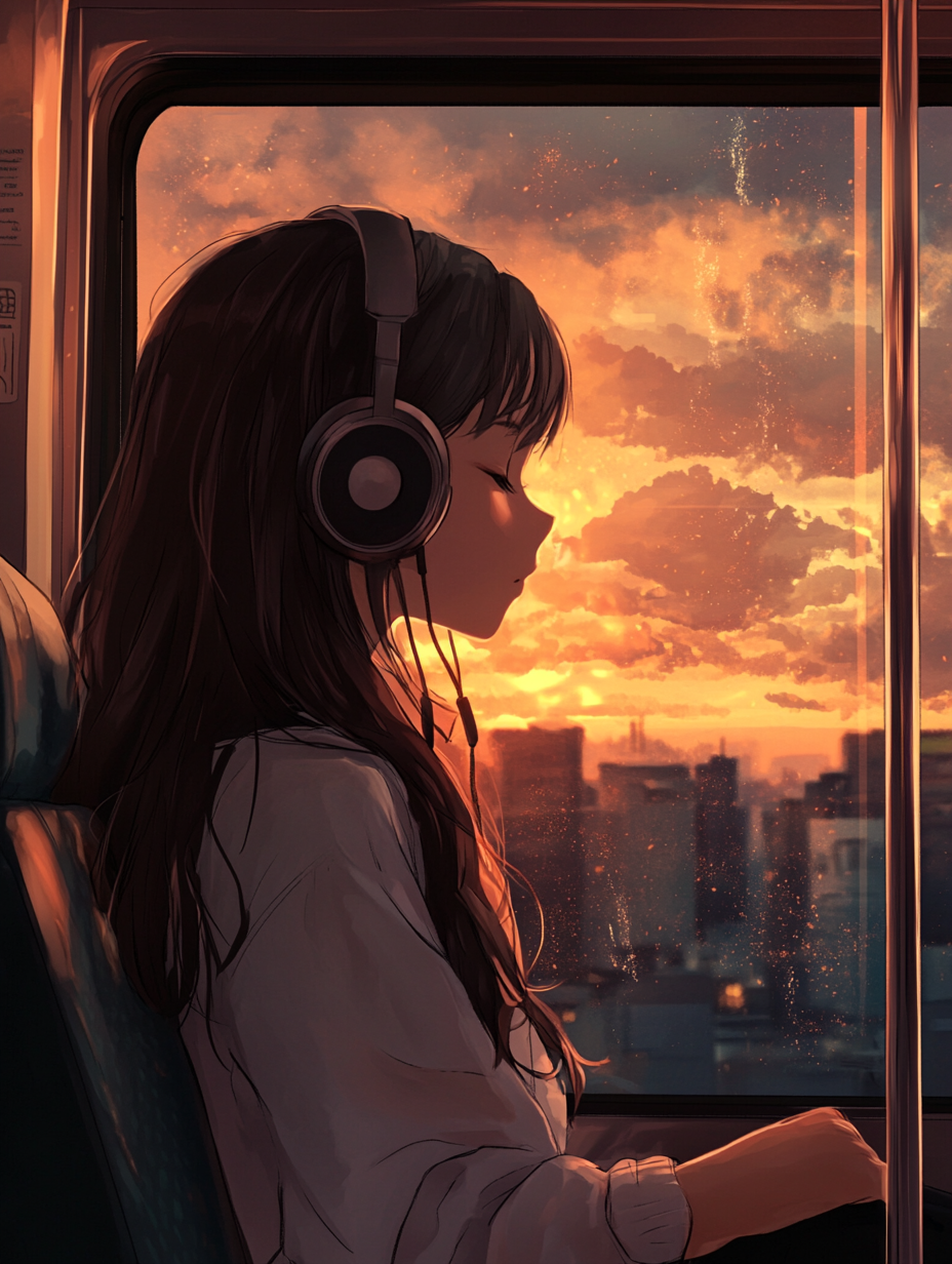 Girl in anime style with headphones on train.