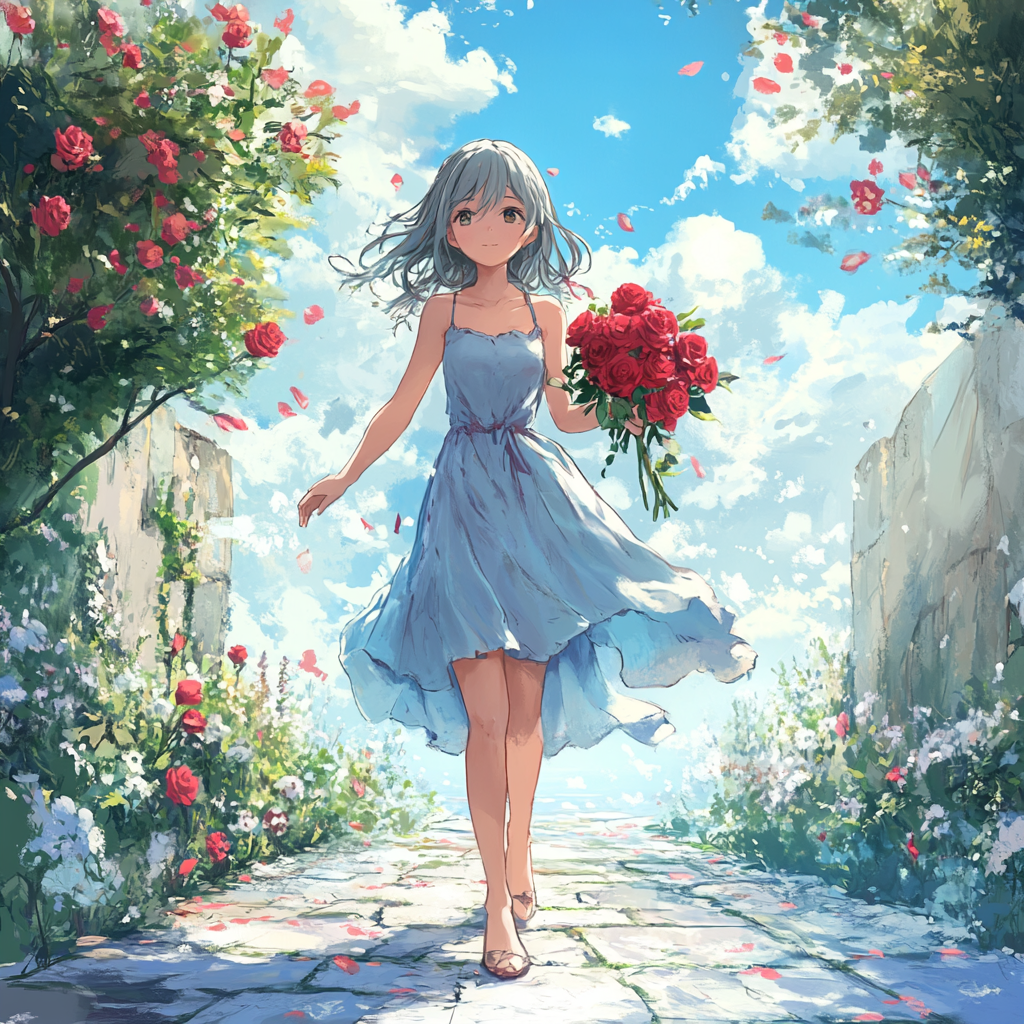 Girl in blue dress holding roses in flower garden.