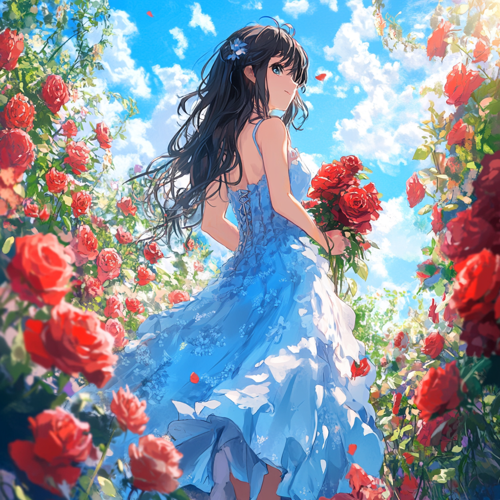 Girl in blue dress with red roses in garden.