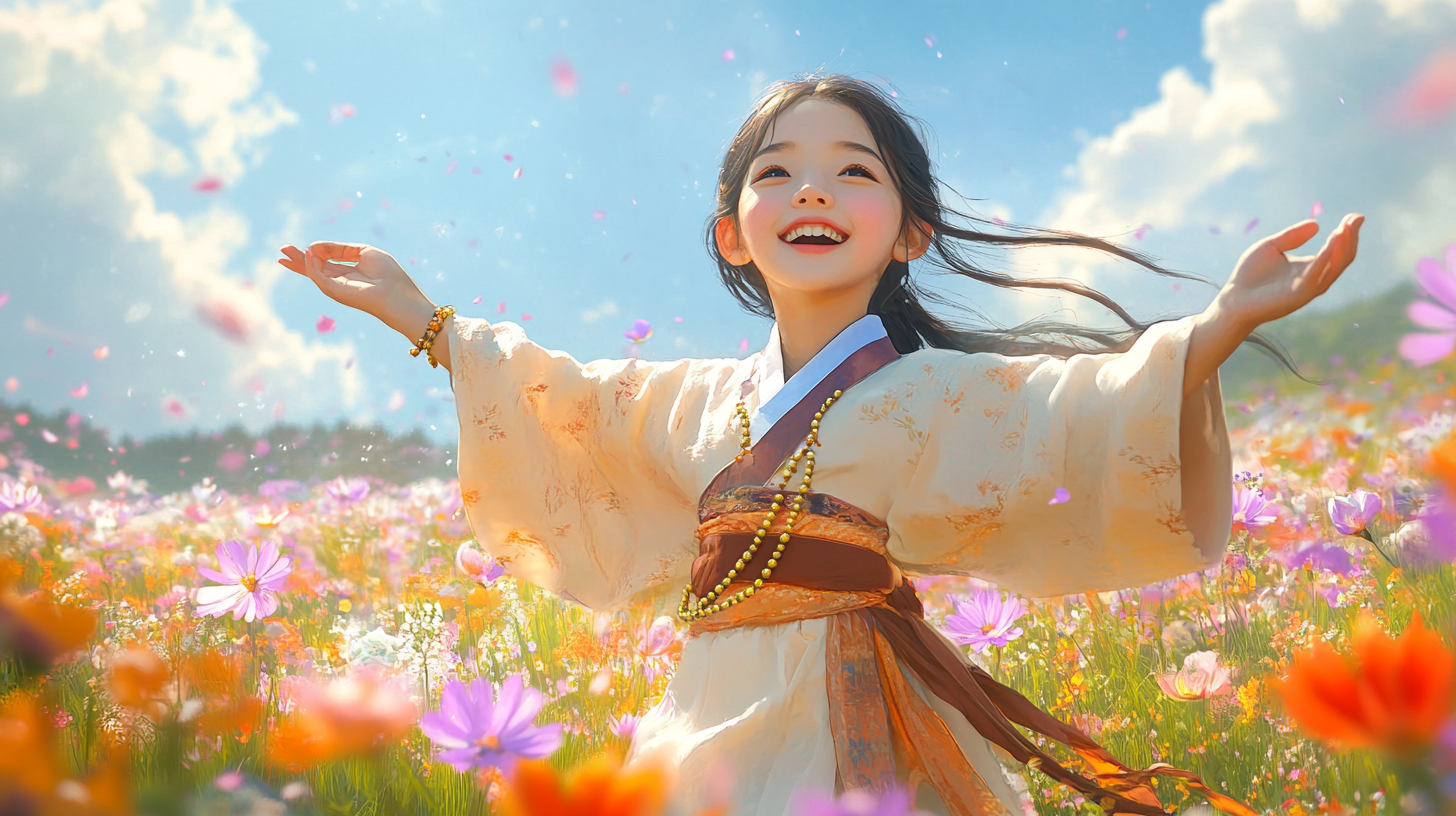 Girl in bodhisattva costume dances joyfully in flower field.