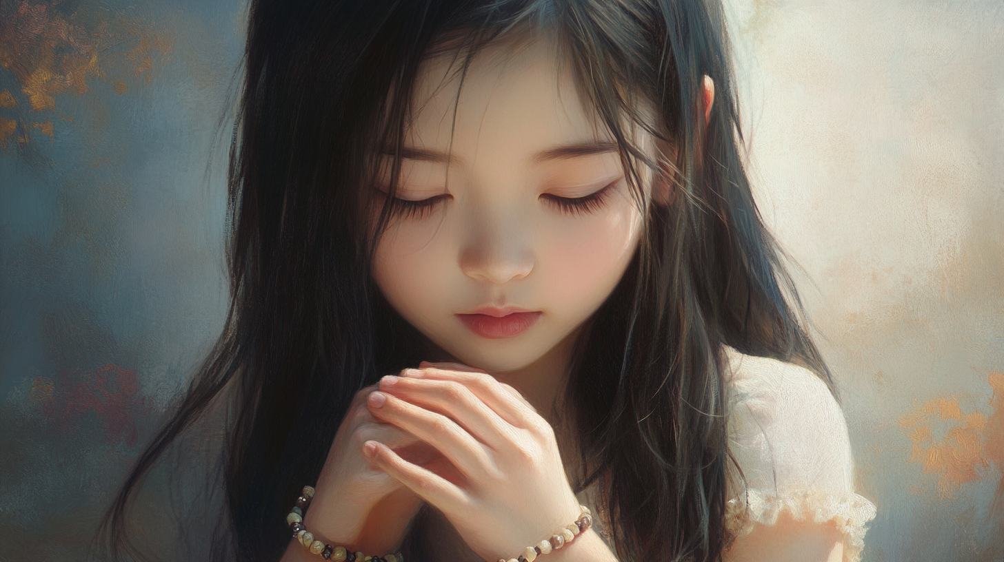 Girl in calming scene, black hair, wearing bracelet.