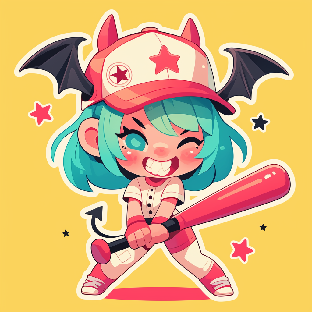 Girl in devil costume as baseball player smiles.