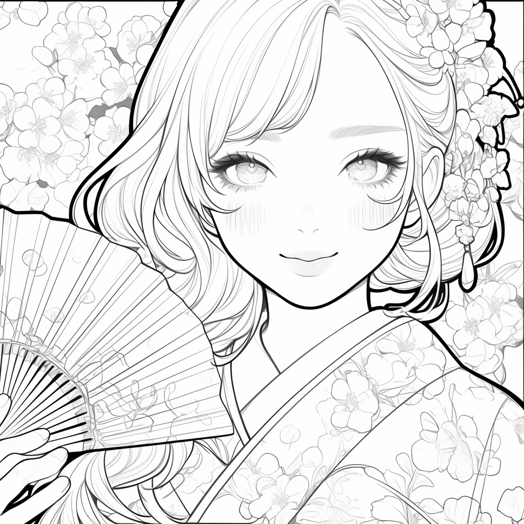 Girl in kimono smiles in Japanese garden coloring book.