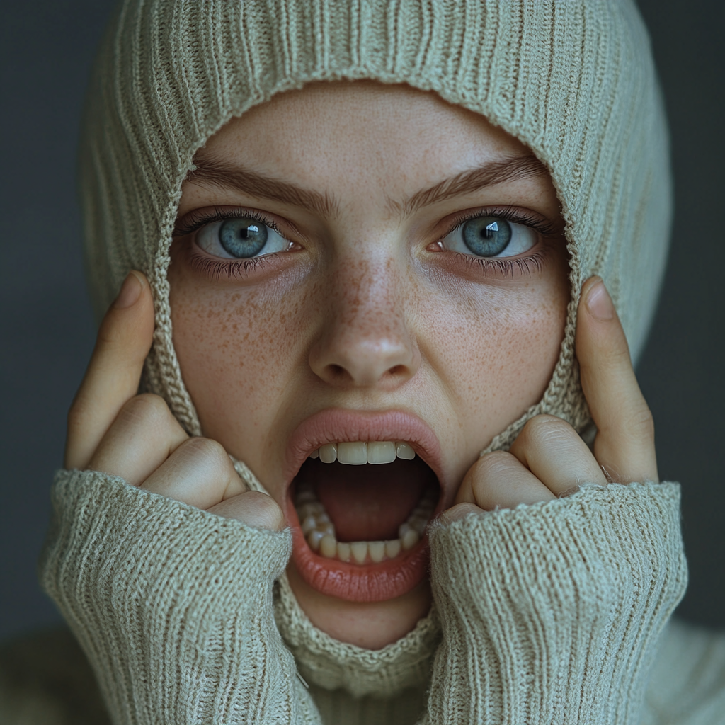 Girl in light balaclava stretching mouth wide showing teeth.