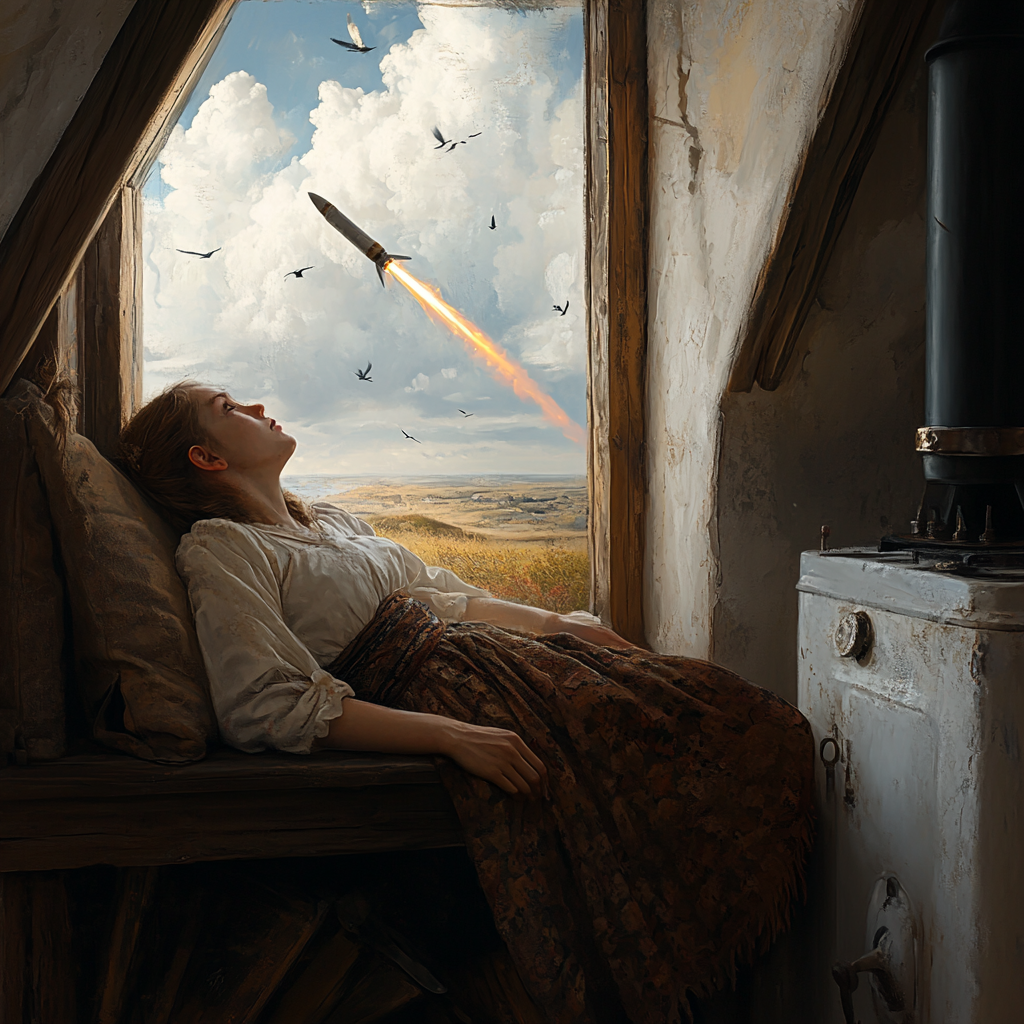 Girl in peasant outfit in old hut room looks out window where swallows fly. Rocket launches in sky.