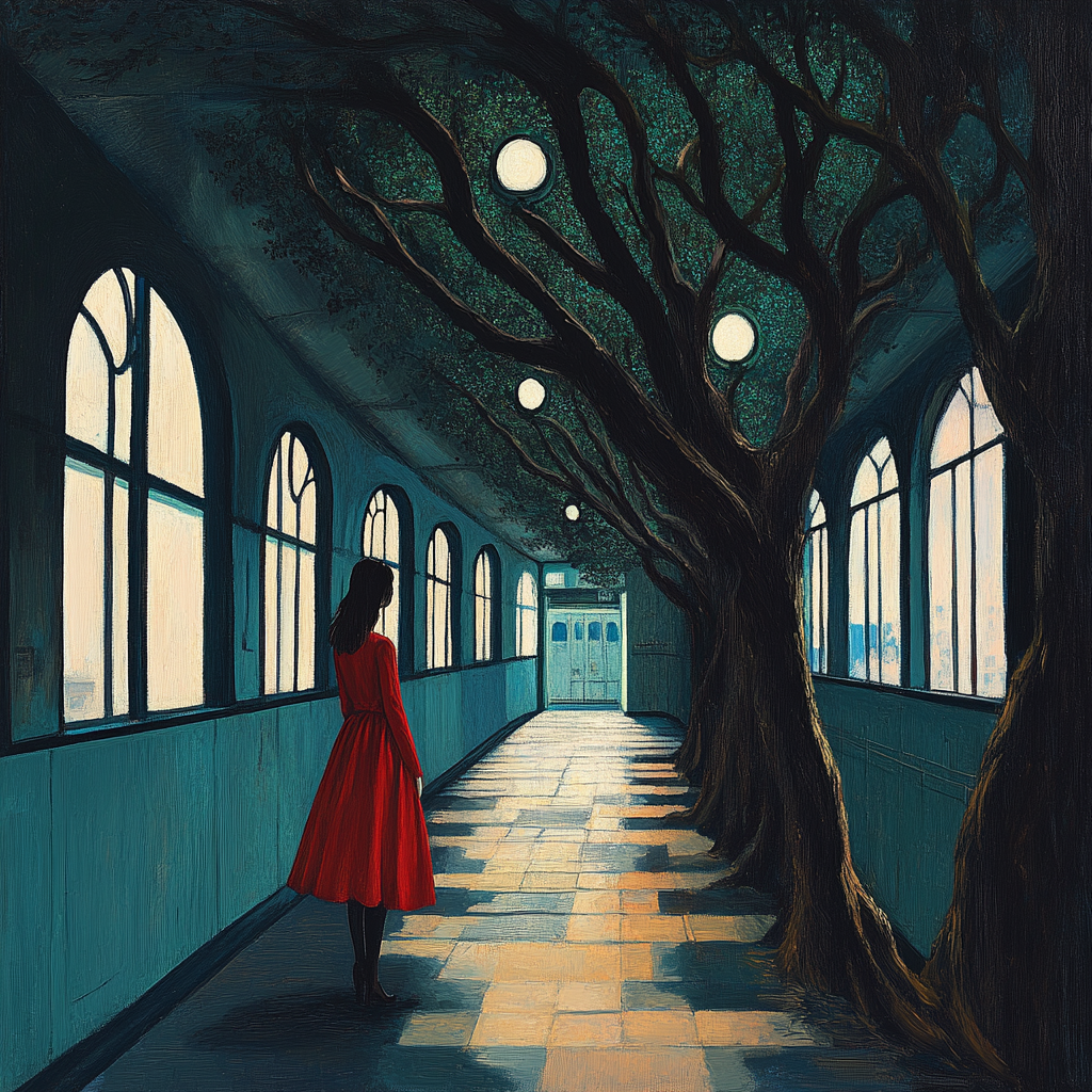 Girl in red dress in old train station with trees