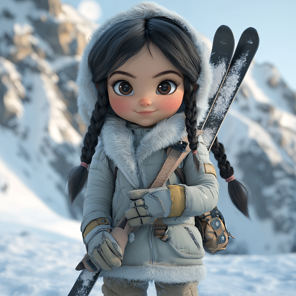 Girl in ski suit with braided hair holding skis.