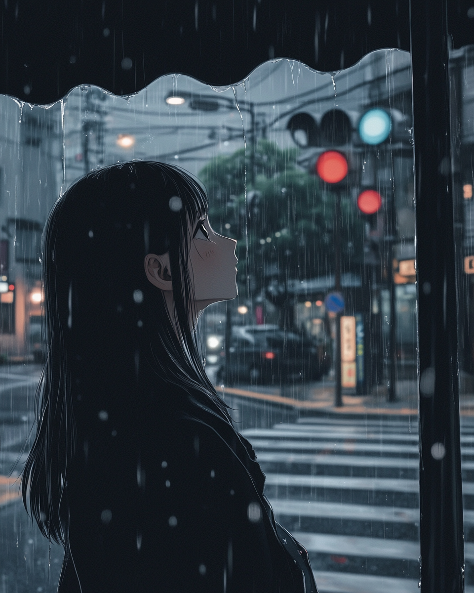 Girl looks up at Tokyo sky under cafe eaves.