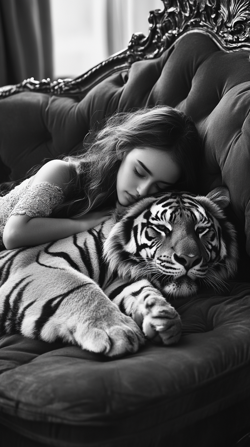 Girl napping on couch with tiger nearby in monochrome.