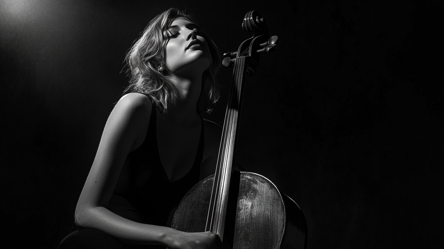 Girl playing cello in dim light