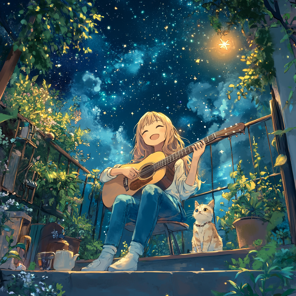 Girl playing guitar on balcony with cat, stars in sky.