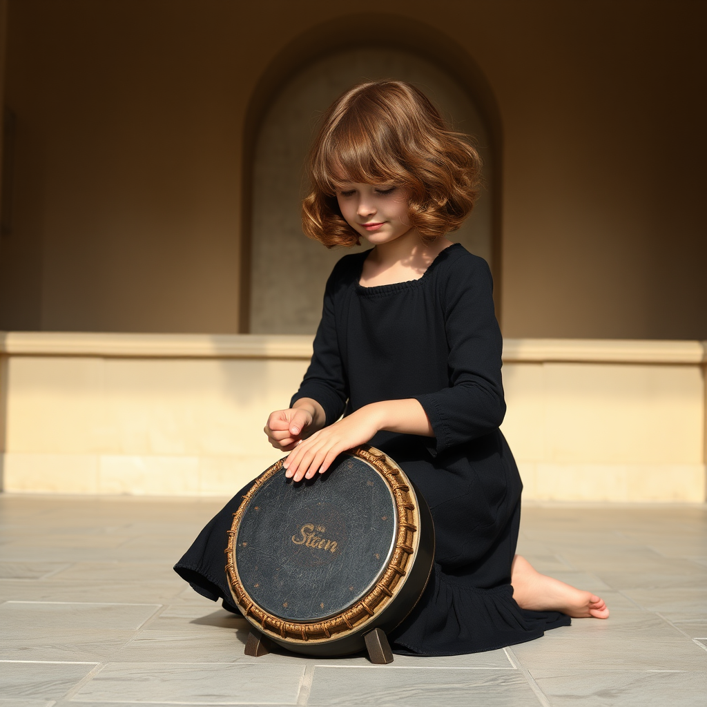 Girl playing handpan in black dress with waves.