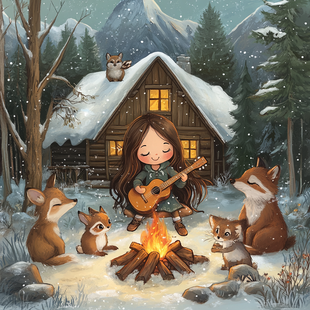 Girl plays guitar for woodland friends by cabin in snow