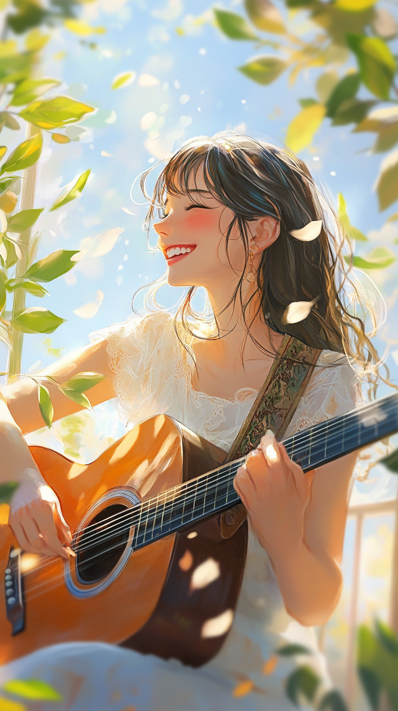 Girl plays guitar on balcony, smiling under sunny sky.