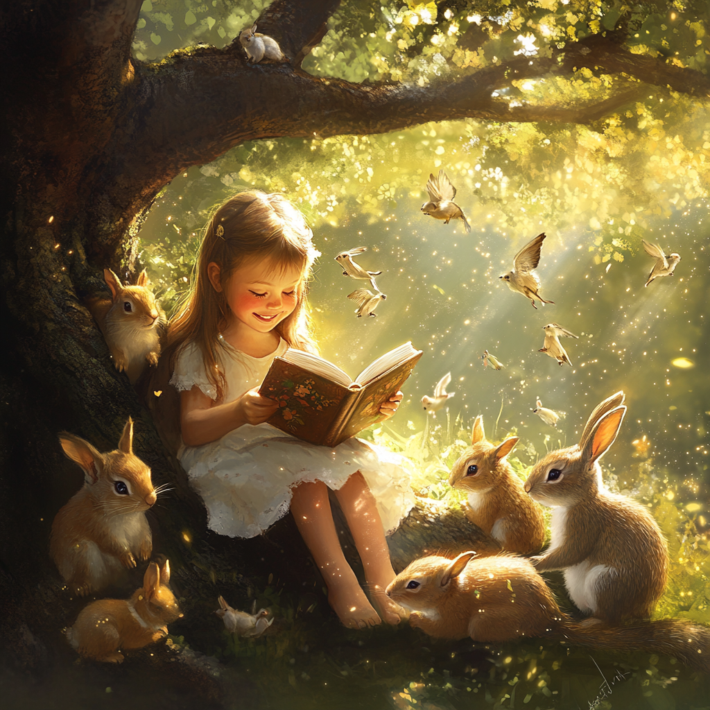 Girl reading book under tree surrounded by animals and dust.