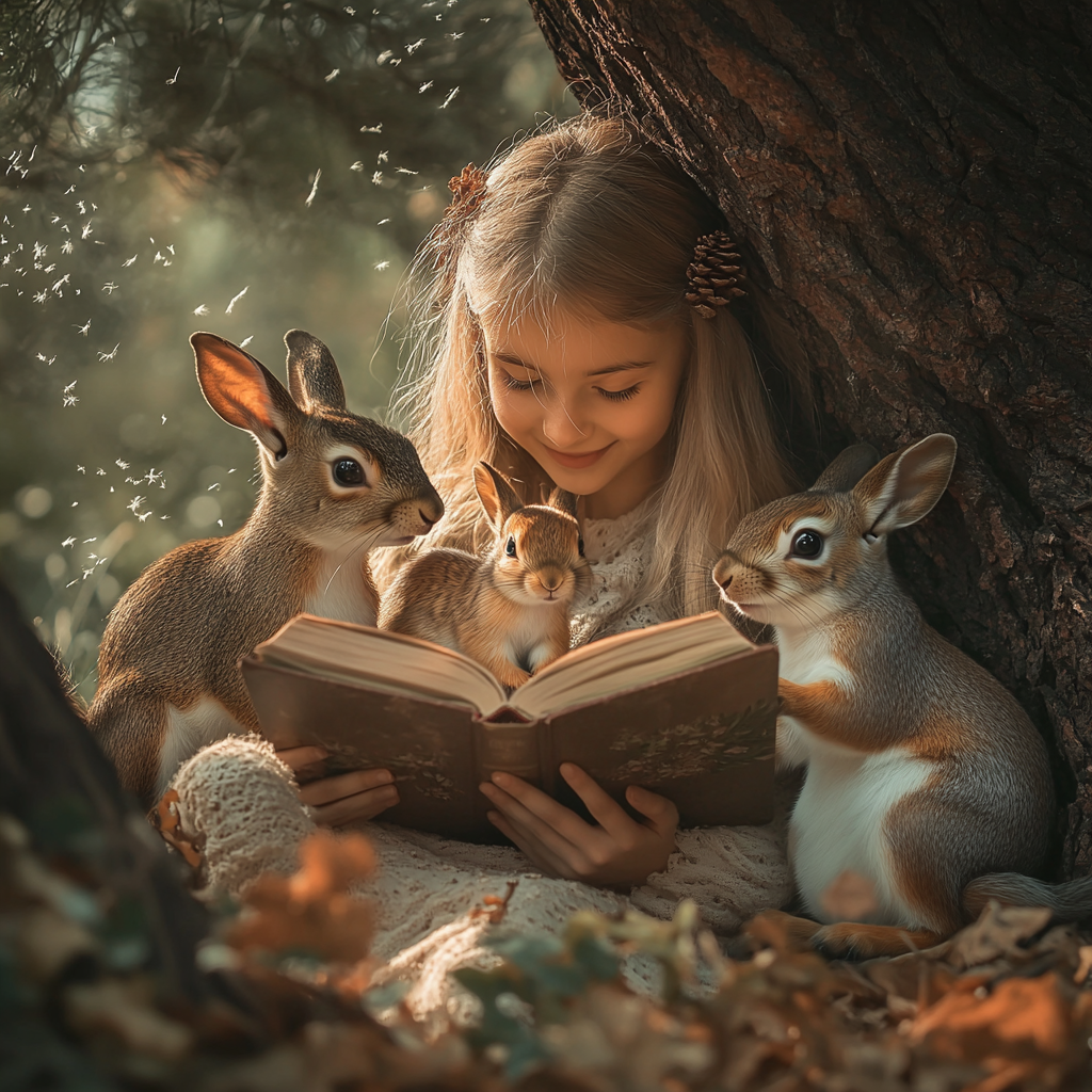 Girl reading book under tree with forest creatures fascinated