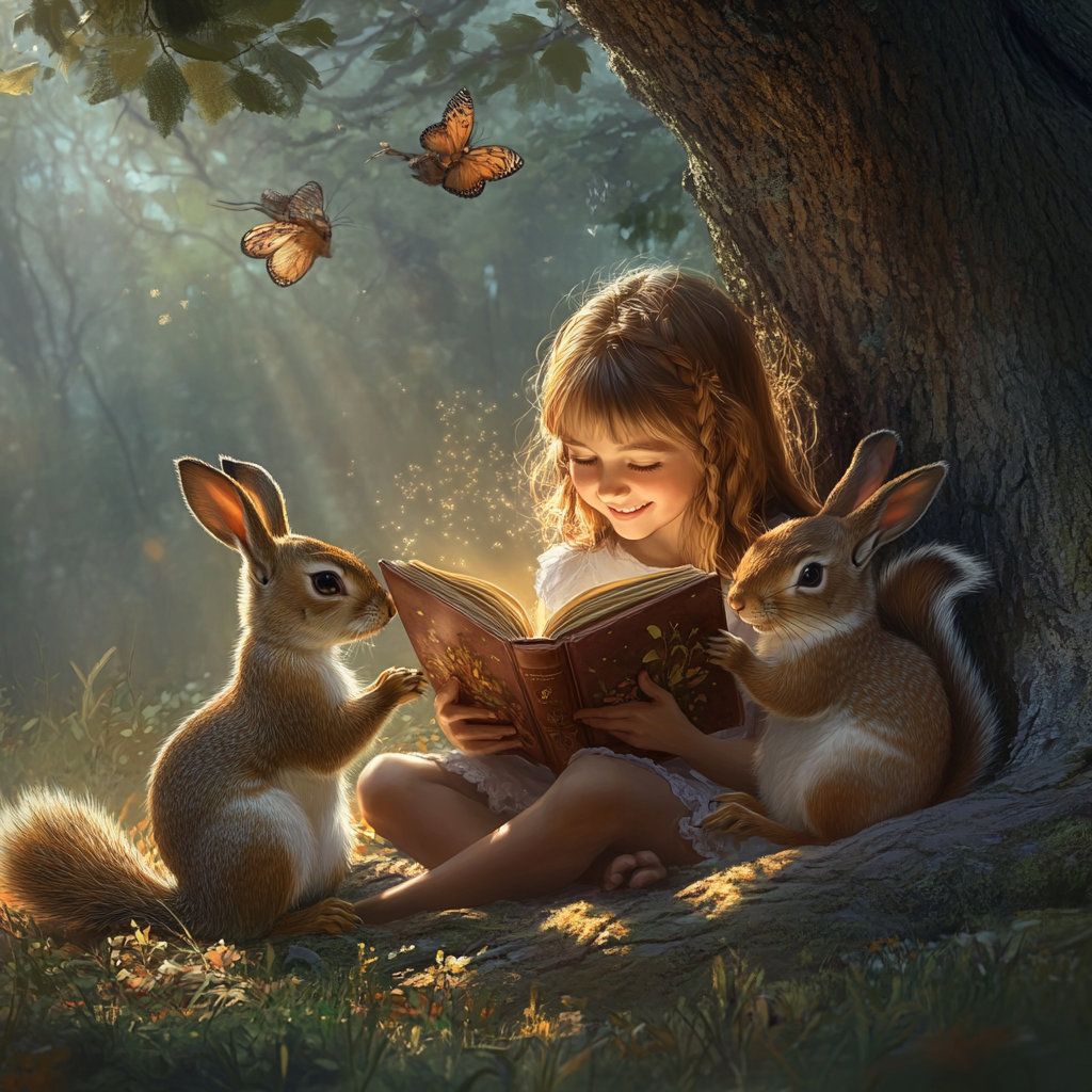 Girl reading book under tree with forest friends.