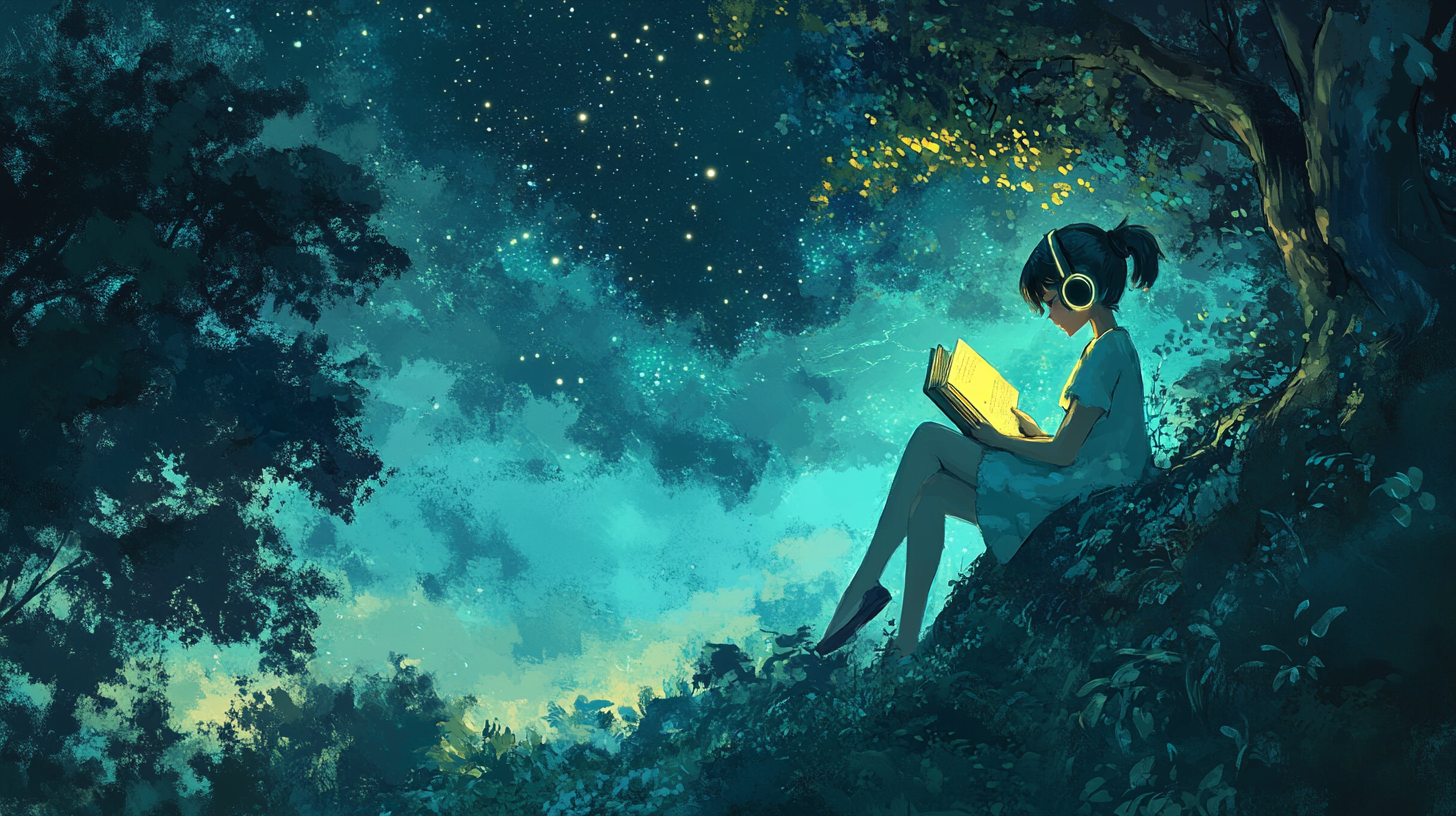 Girl reads book in magic forest at night.