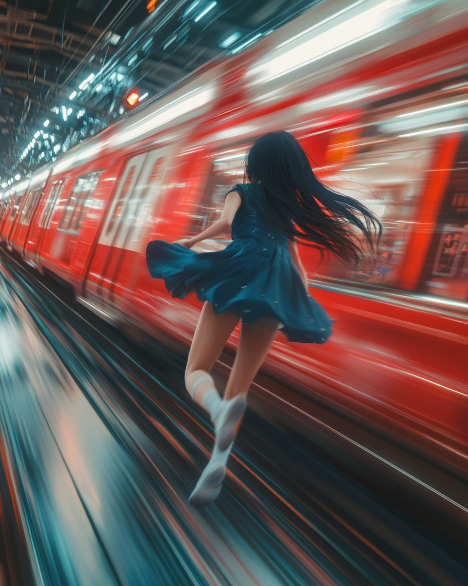 Girl running in front of train with long hair.