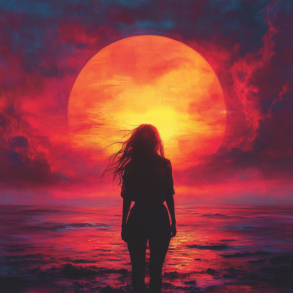 Girl silhouette walking in vibrant sunset, mysterious atmosphere.