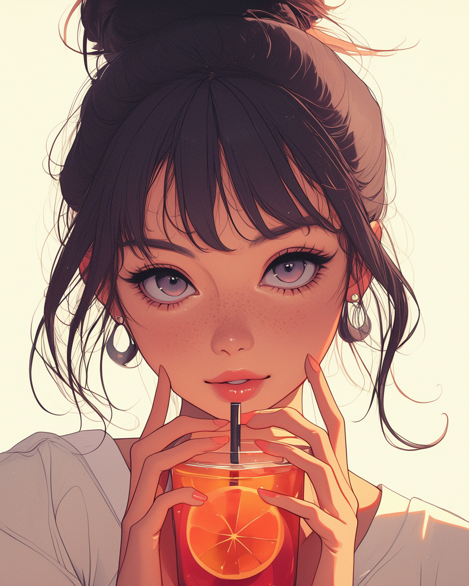 Girl sipping tea with orange straw, serene expression.