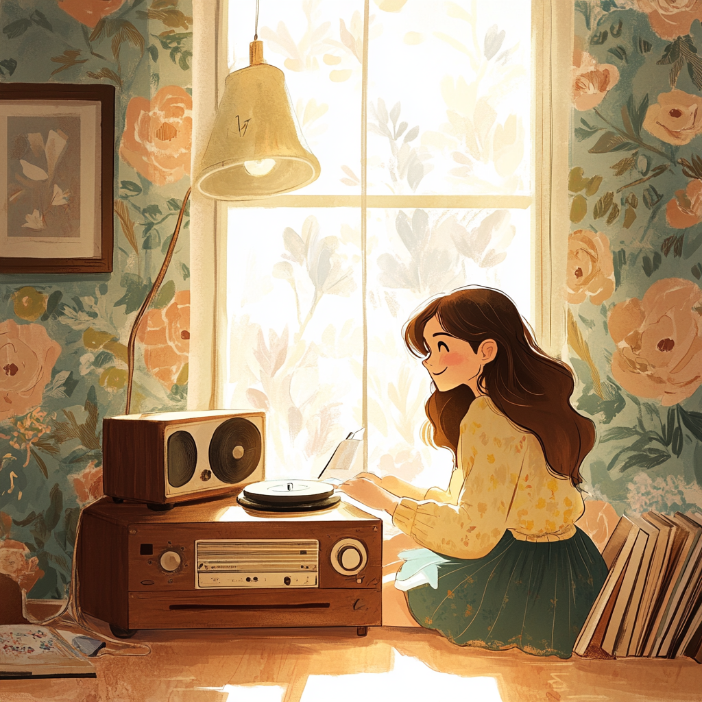 Girl sits by vintage radio in cozy room.