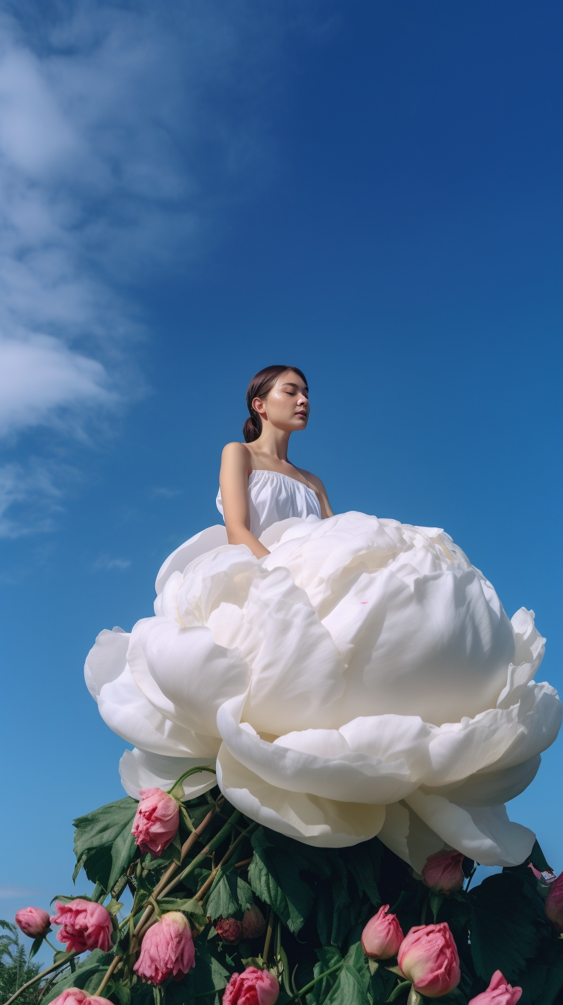 Girl sits on giant peony with pink petals outdoors.