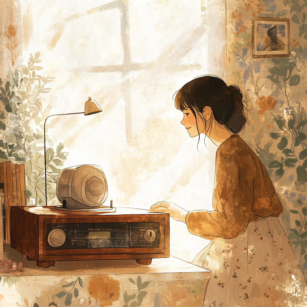 Girl sitting by vintage radio in cozy room.