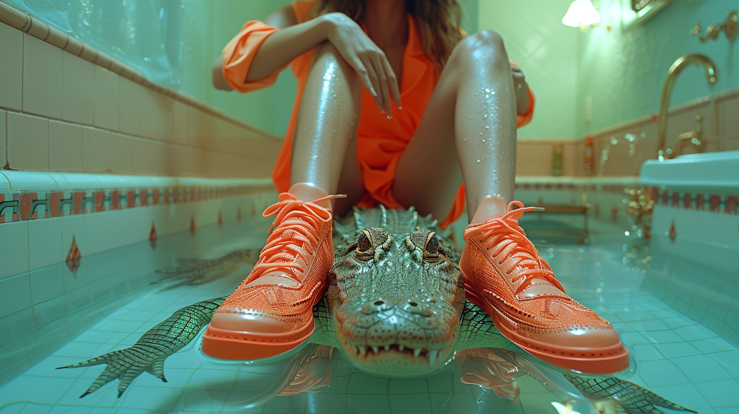 Girl sitting on crocodile in fashion editorial shoot