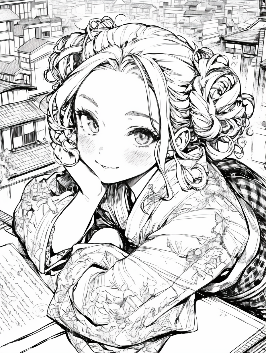 Girl smiling in kimono coloring page with letter writing.