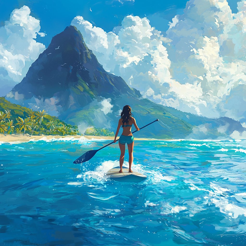 Girl surfing in Hawaii with shark approaching, tropical theme.