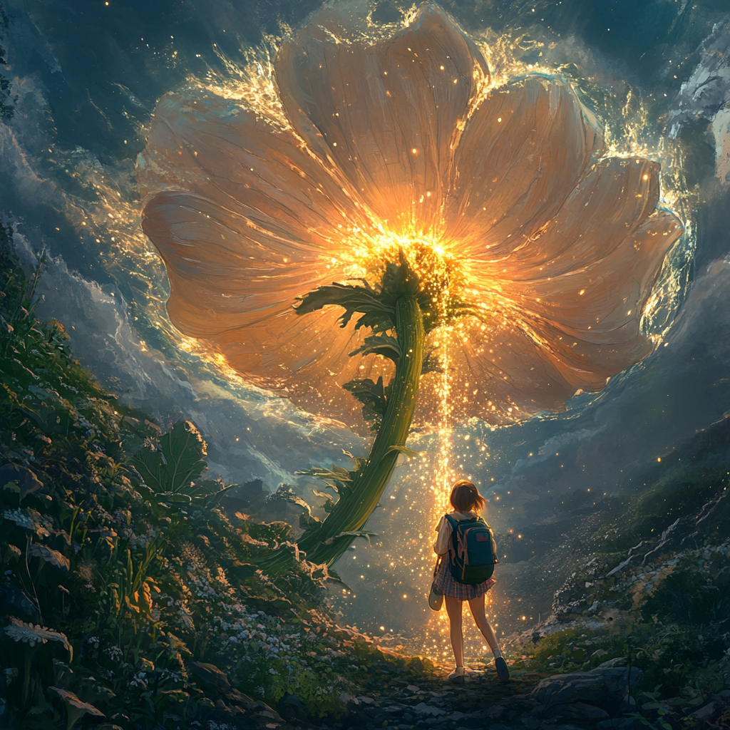 Girl under giant shiny magical flower with golden nectar.