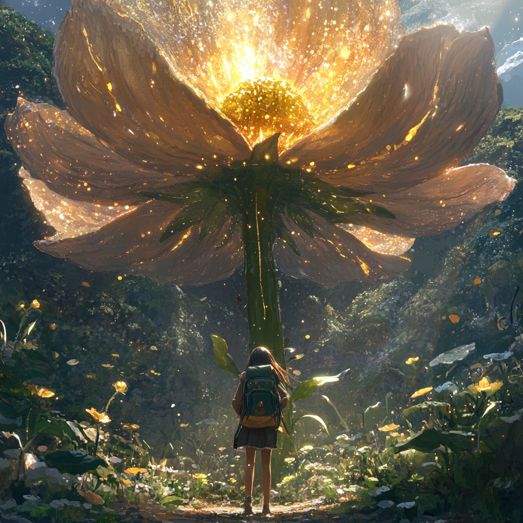 Girl under magical shimmering flower with golden nectar.