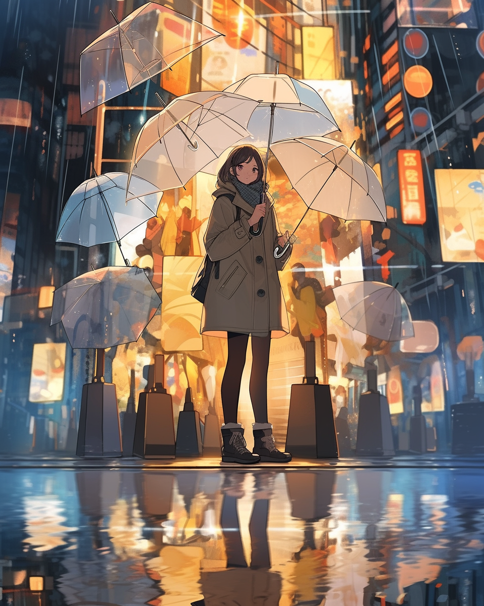 Girl under umbrella in city, anime style illustration.