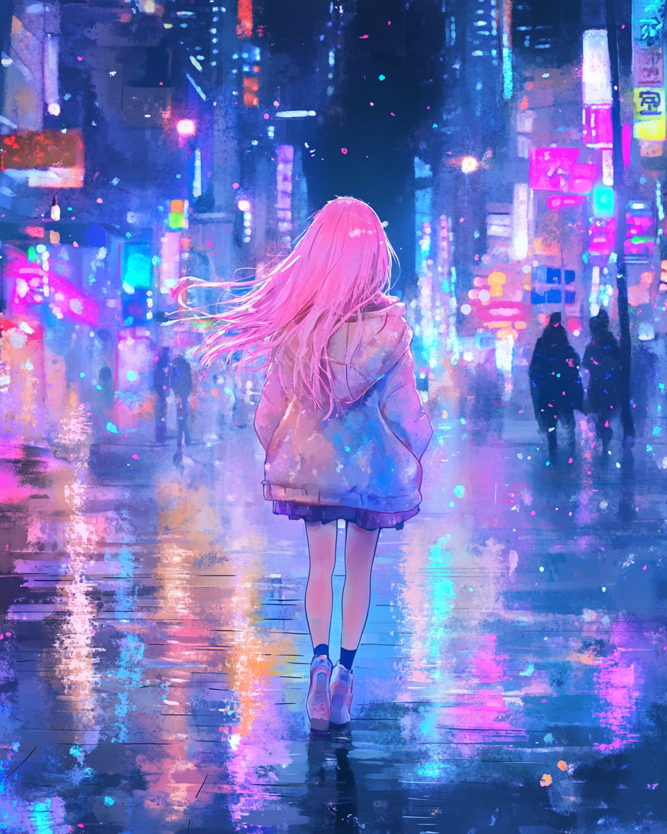 Girl walks city at night, colorful, sparkling view.