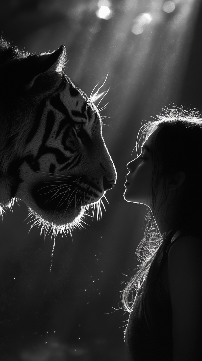 Girl whispering to tiger in shadow- monochrome masterpiece.