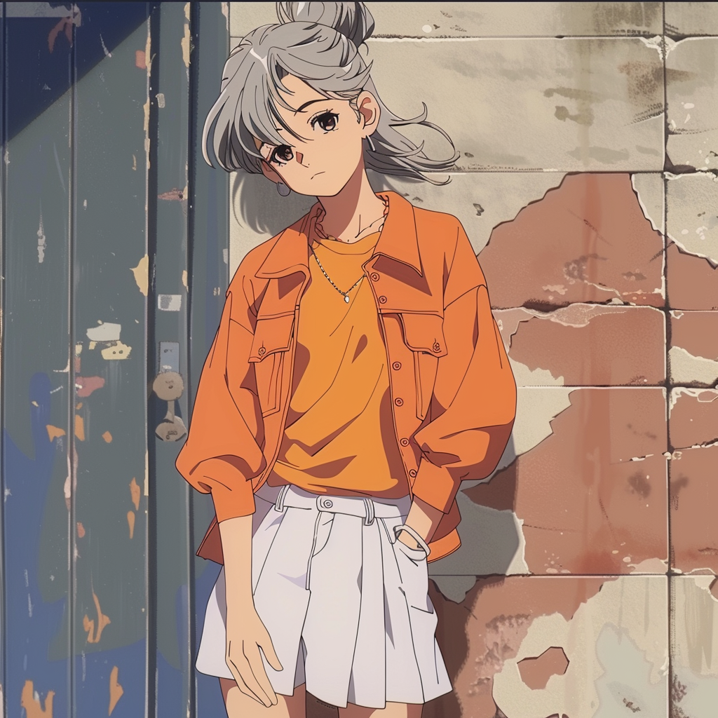 Girl with Grey Hair in Retro Anime Style