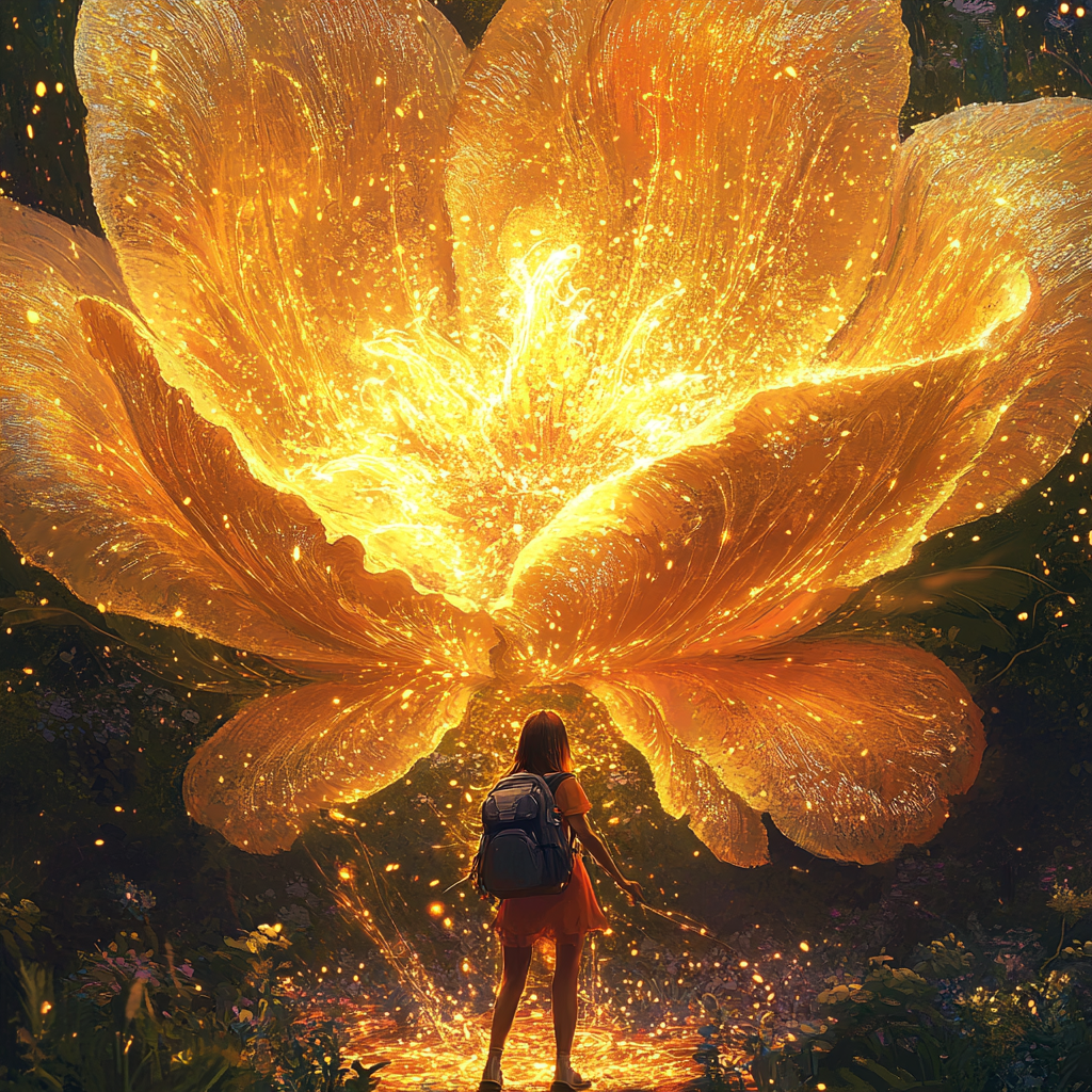 Girl with backpack stands under shimmering magical flower, nectar-filled.