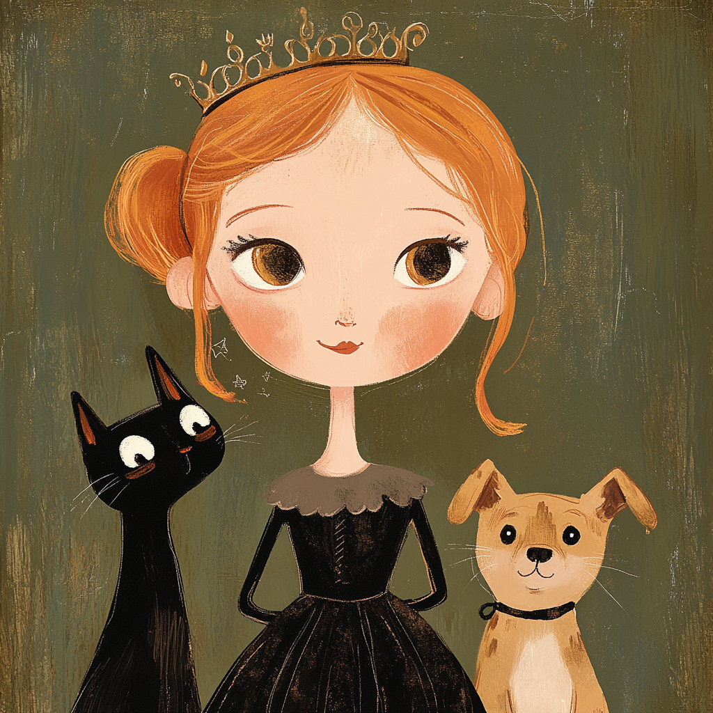 Girl with black cat, mummy, magical powers, queen.