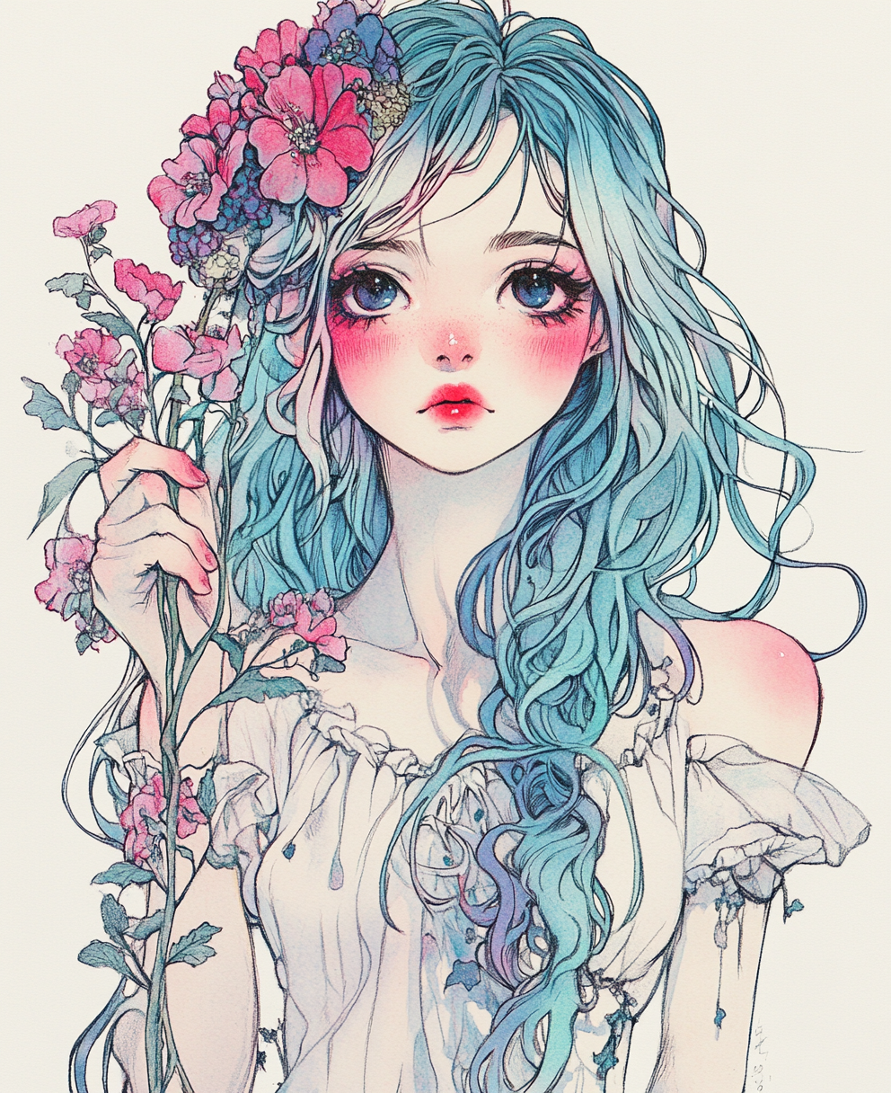 Girl with blue and pink hair holding flowers drawn.