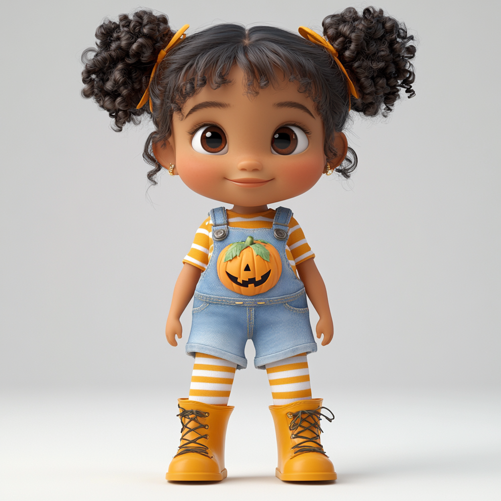 Girl with braided hair, pumpkin patch overalls, striped tights.