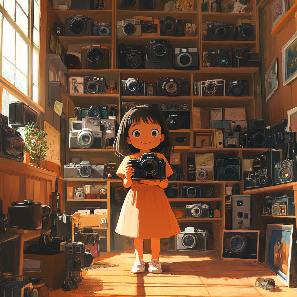 Girl with cameras in camera-filled warm room.