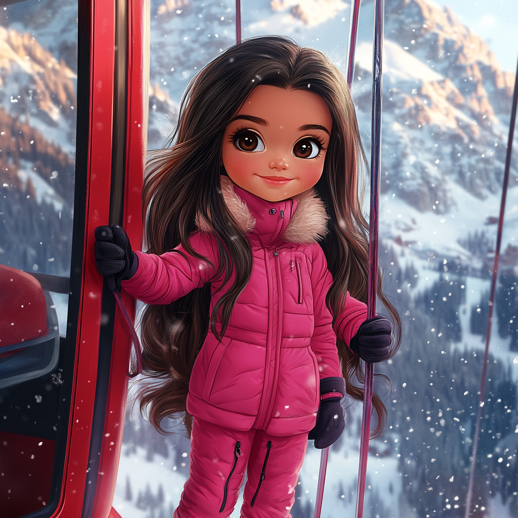 Girl with long dark hair in pink ski suit.